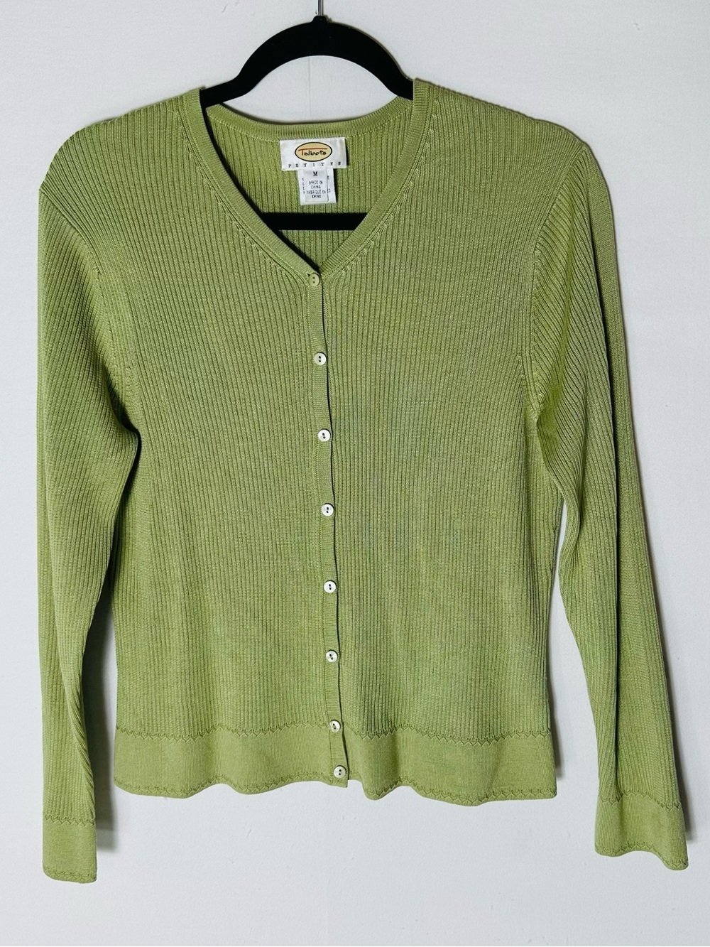 Vintage Talbots Light Green 100% Silk Ribbed Knit Cardigan M Normcore Grannycore